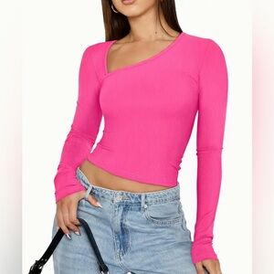 *NEW*Solid Color Asymmetrical Neck, Long Sleeve Ribbed T-Shirt For Spring & Fall